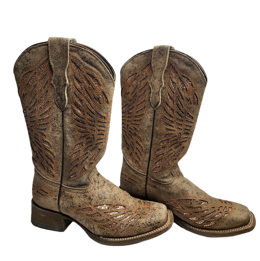 Corral Teens square toe glitter angel wings leather boot size 2 TEEN